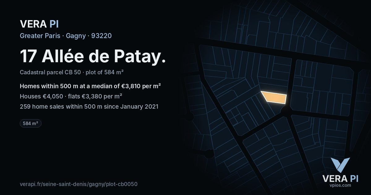 17 Allée de Patay, Gagny at night – the plot lit, the parcels around coloured by the prices near them