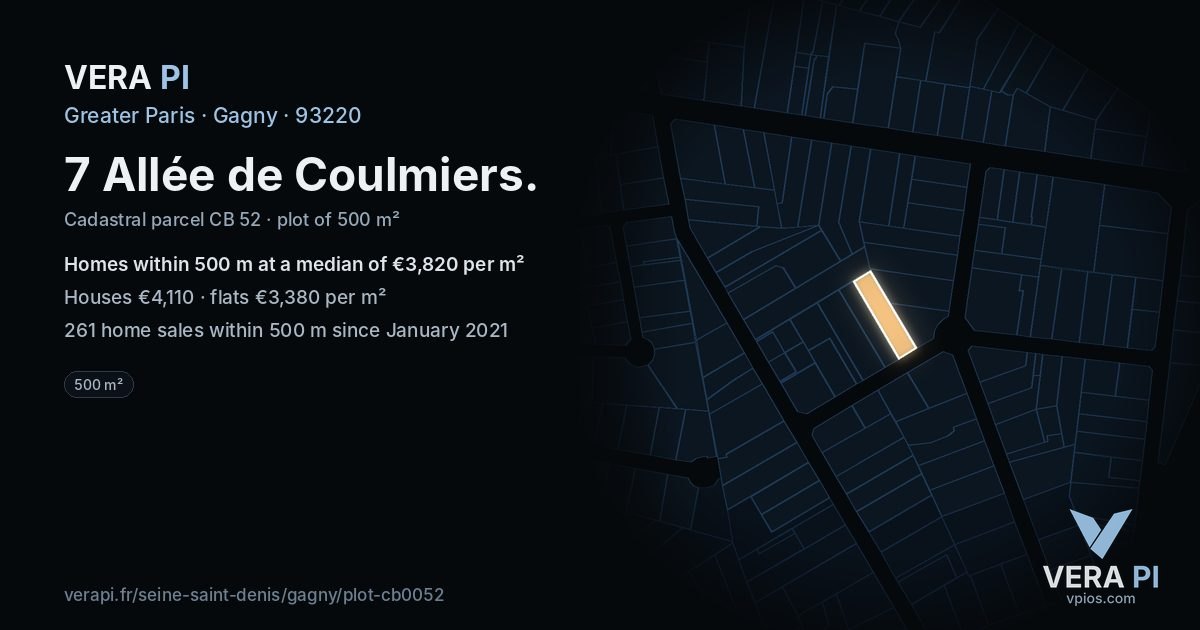 7 Allée de Coulmiers, Gagny at night – the plot lit, the parcels around coloured by the prices near them