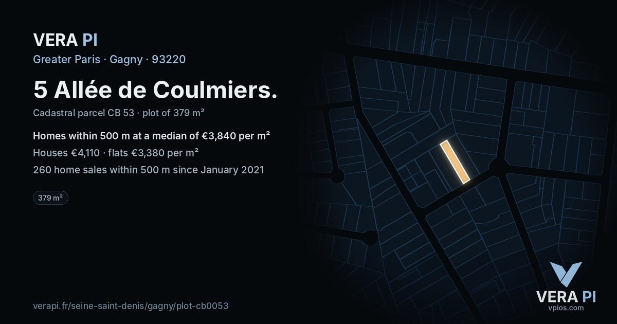 5 Allée de Coulmiers, Gagny at night – the plot lit, the parcels around coloured by the prices near them