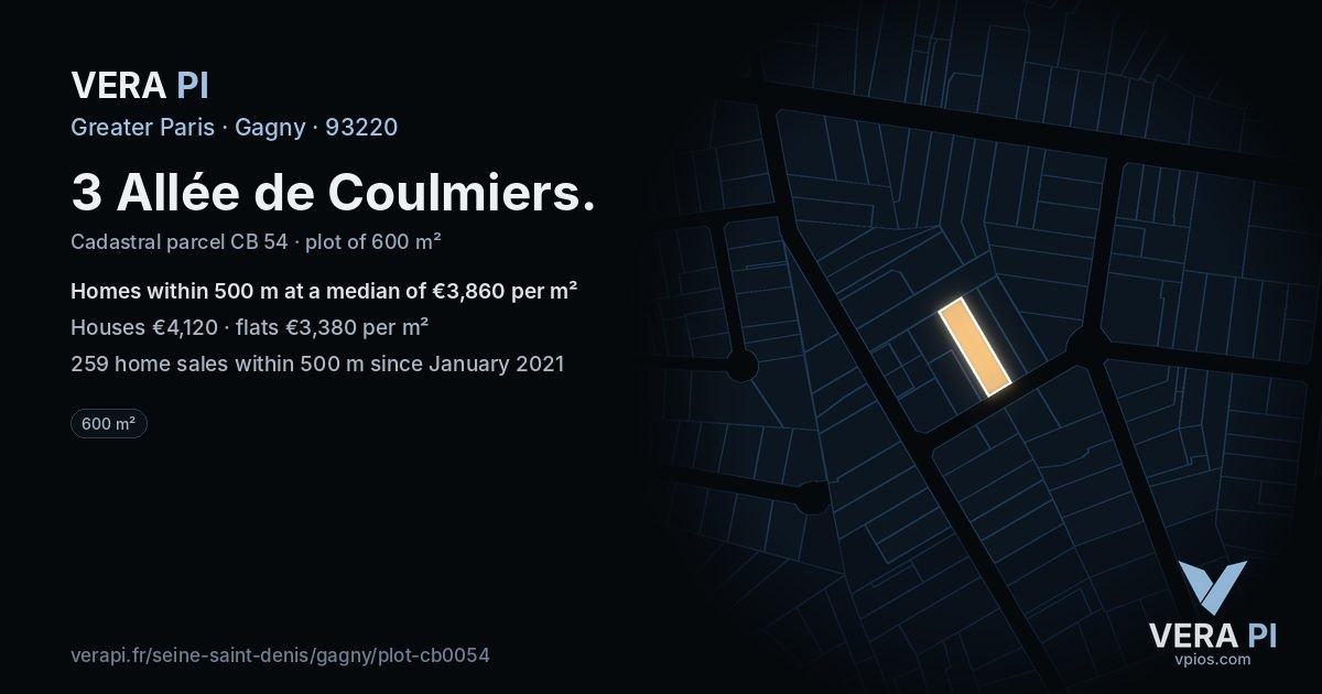 3 Allée de Coulmiers, Gagny at night – the plot lit, the parcels around coloured by the prices near them