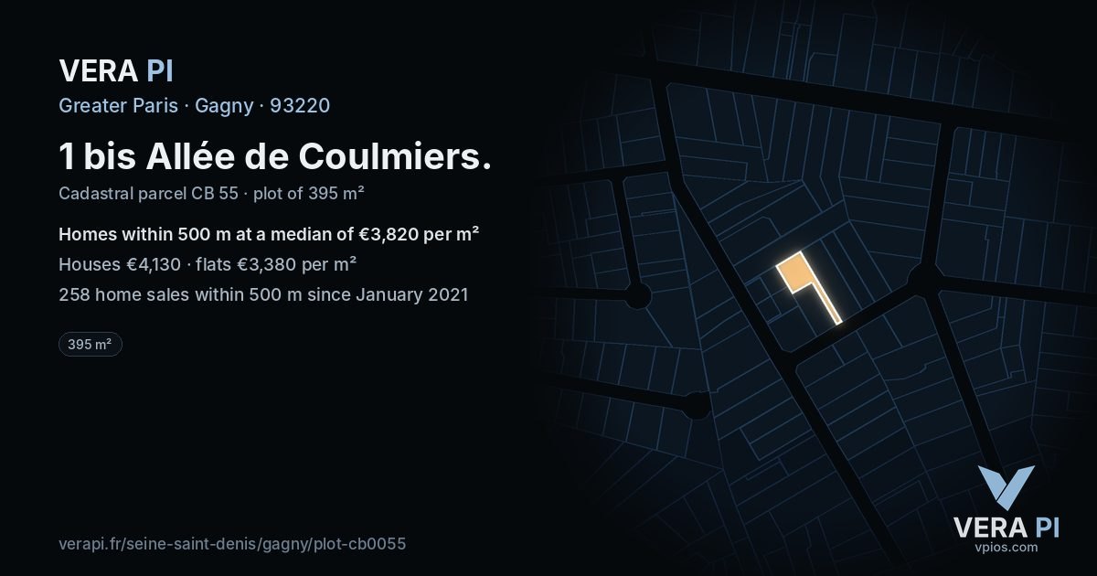 1 bis Allée de Coulmiers, Gagny at night – the plot lit, the parcels around coloured by the prices near them