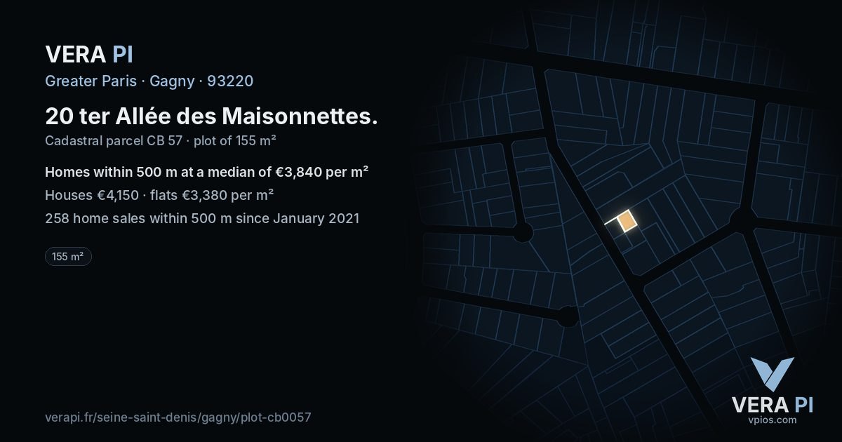 20 ter Allée des Maisonnettes, Gagny at night – the plot lit, the parcels around coloured by the prices near them