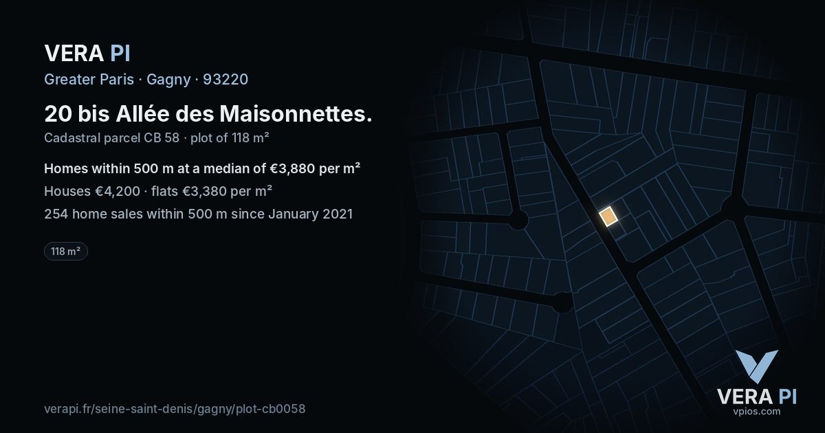 20 bis Allée des Maisonnettes, Gagny at night – the plot lit, the parcels around coloured by the prices near them