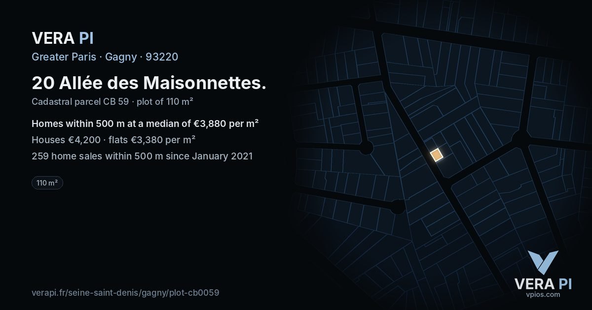 20 Allée des Maisonnettes, Gagny at night – the plot lit, the parcels around coloured by the prices near them