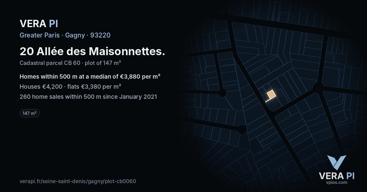 20 Allée des Maisonnettes, Gagny at night – the plot lit, the parcels around coloured by the prices near them