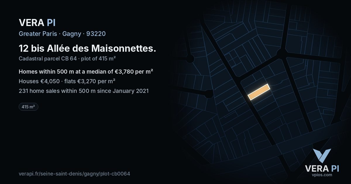 12 bis Allée des Maisonnettes, Gagny at night – the plot lit, the parcels around coloured by the prices near them