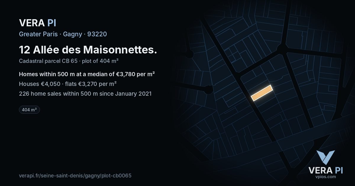 12 Allée des Maisonnettes, Gagny at night – the plot lit, the parcels around coloured by the prices near them