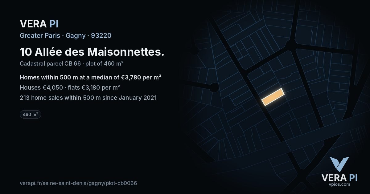 10 Allée des Maisonnettes, Gagny at night – the plot lit, the parcels around coloured by the prices near them