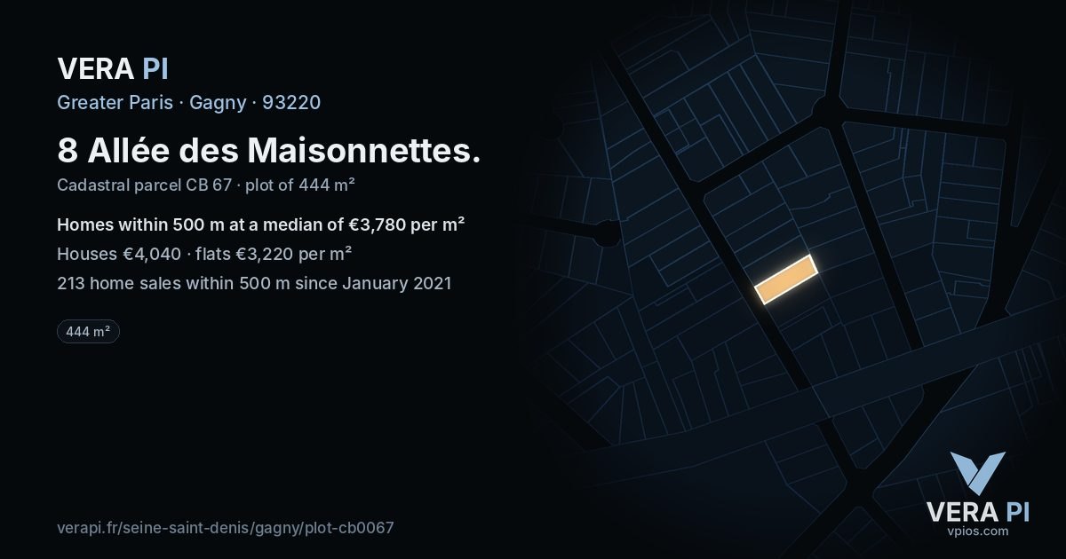 8 Allée des Maisonnettes, Gagny at night – the plot lit, the parcels around coloured by the prices near them