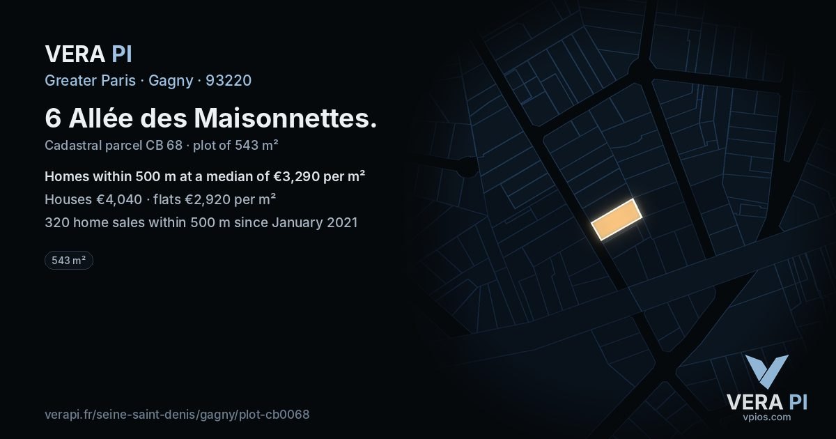 6 Allée des Maisonnettes, Gagny at night – the plot lit, the parcels around coloured by the prices near them