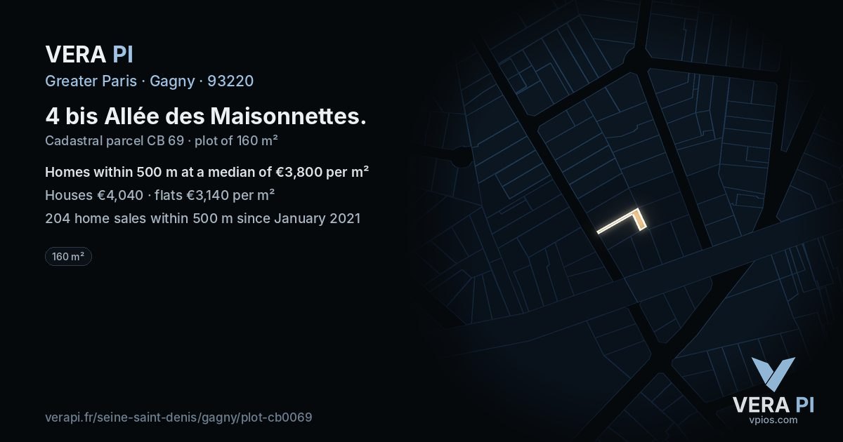 4 bis Allée des Maisonnettes, Gagny at night – the plot lit, the parcels around coloured by the prices near them
