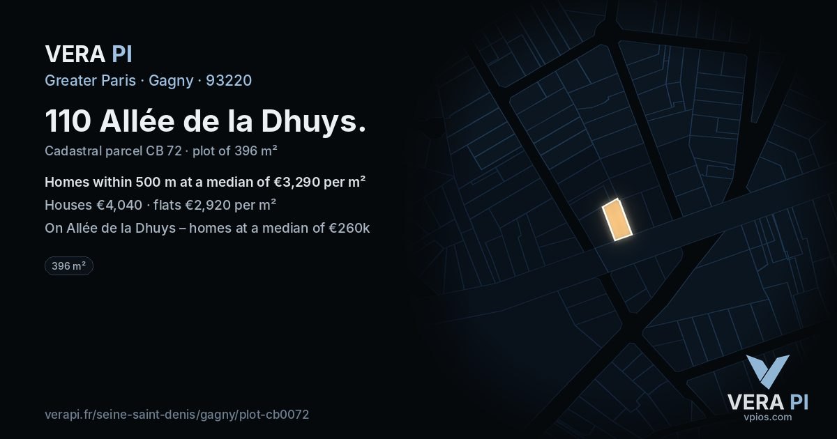 110 Allée de la Dhuys, Gagny at night – the plot lit, the parcels around coloured by the prices near them