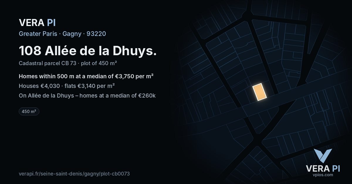 108 Allée de la Dhuys, Gagny at night – the plot lit, the parcels around coloured by the prices near them