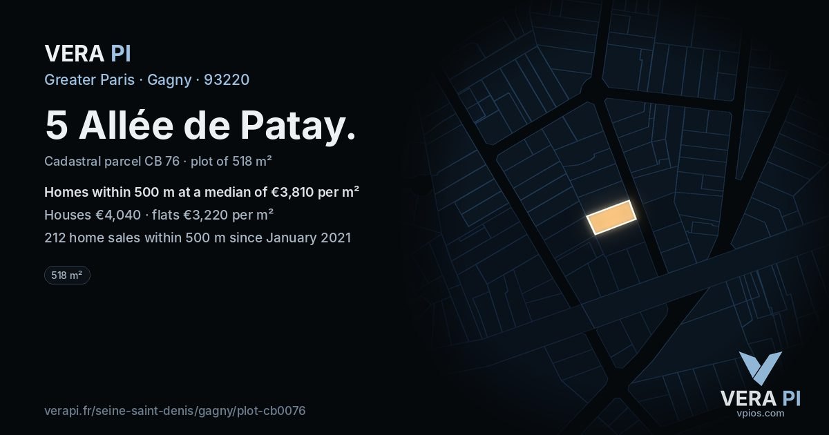 5 Allée de Patay, Gagny at night – the plot lit, the parcels around coloured by the prices near them