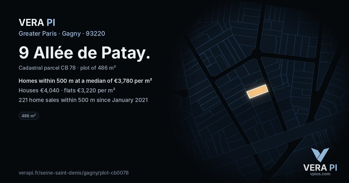 9 Allée de Patay, Gagny at night – the plot lit, the parcels around coloured by the prices near them