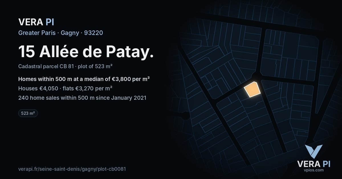 15 Allée de Patay, Gagny at night – the plot lit, the parcels around coloured by the prices near them