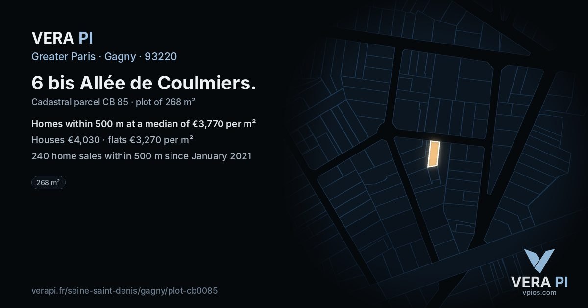 6 bis Allée de Coulmiers, Gagny at night – the plot lit, the parcels around coloured by the prices near them