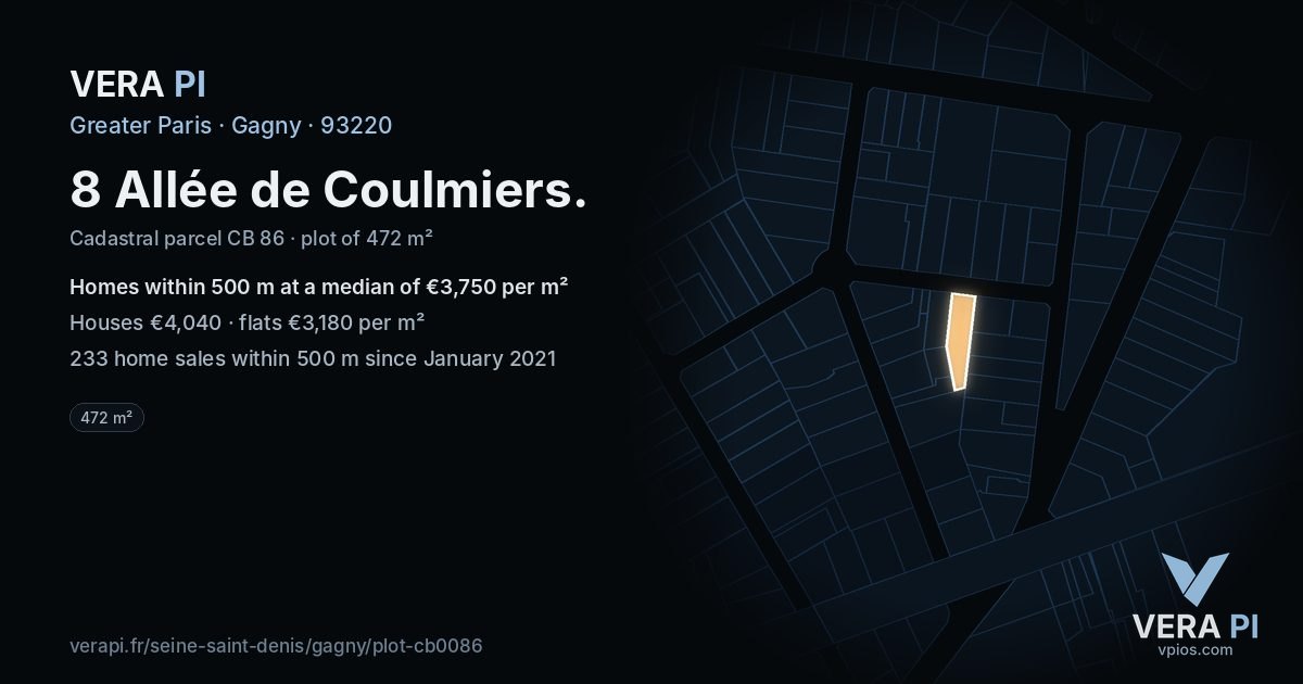 8 Allée de Coulmiers, Gagny at night – the plot lit, the parcels around coloured by the prices near them