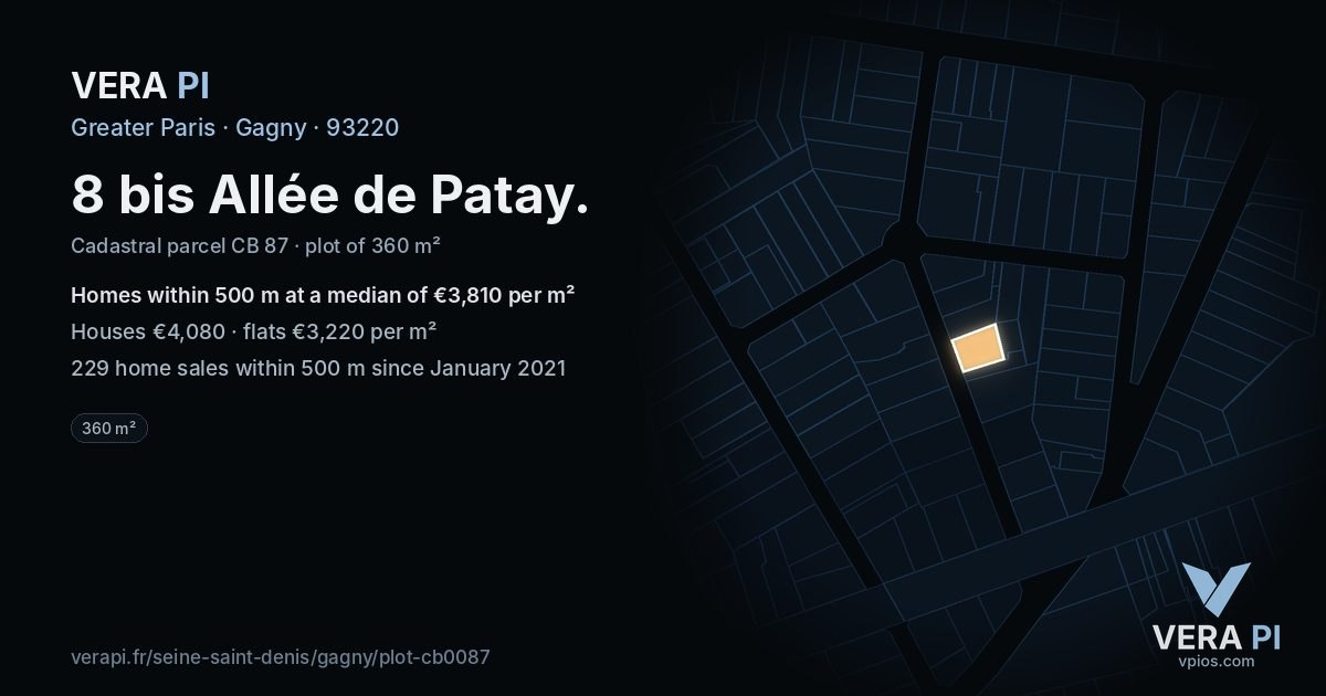8 bis Allée de Patay, Gagny at night – the plot lit, the parcels around coloured by the prices near them