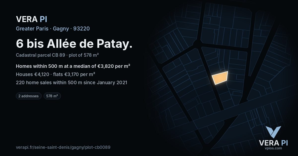 6 bis Allée de Patay, Gagny at night – the plot lit, the parcels around coloured by the prices near them
