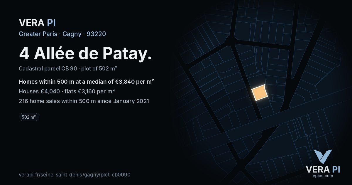 4 Allée de Patay, Gagny at night – the plot lit, the parcels around coloured by the prices near them