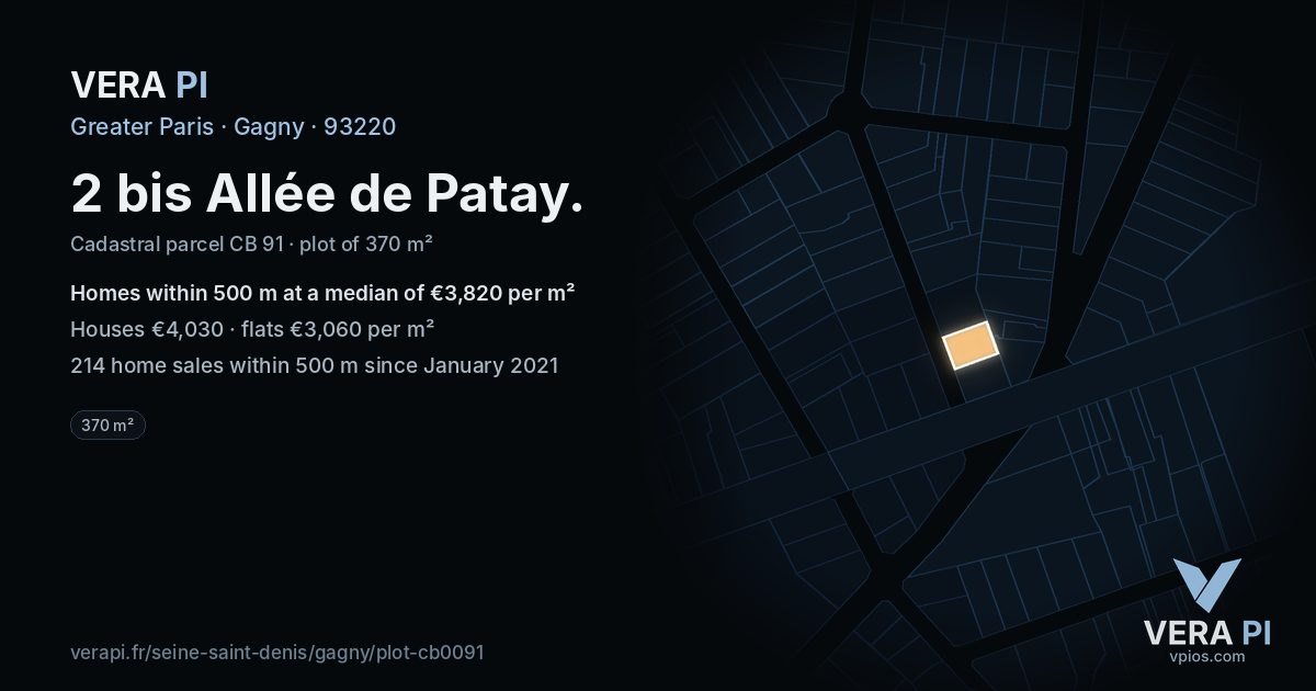 2 bis Allée de Patay, Gagny at night – the plot lit, the parcels around coloured by the prices near them