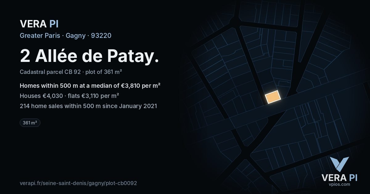 2 Allée de Patay, Gagny at night – the plot lit, the parcels around coloured by the prices near them