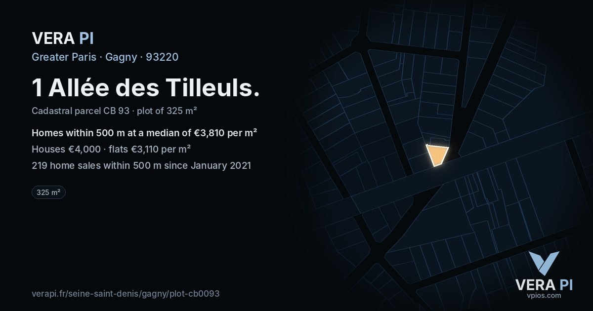 1 Allée des Tilleuls, Gagny at night – the plot lit, the parcels around coloured by the prices near them