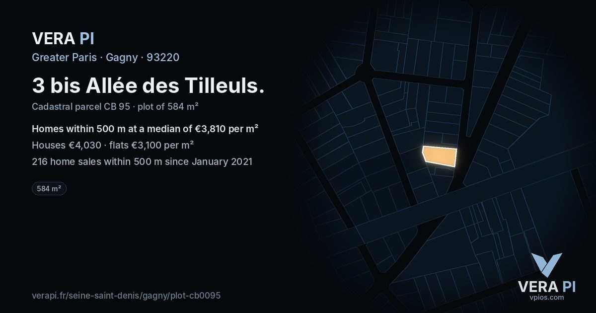 3 bis Allée des Tilleuls, Gagny at night – the plot lit, the parcels around coloured by the prices near them