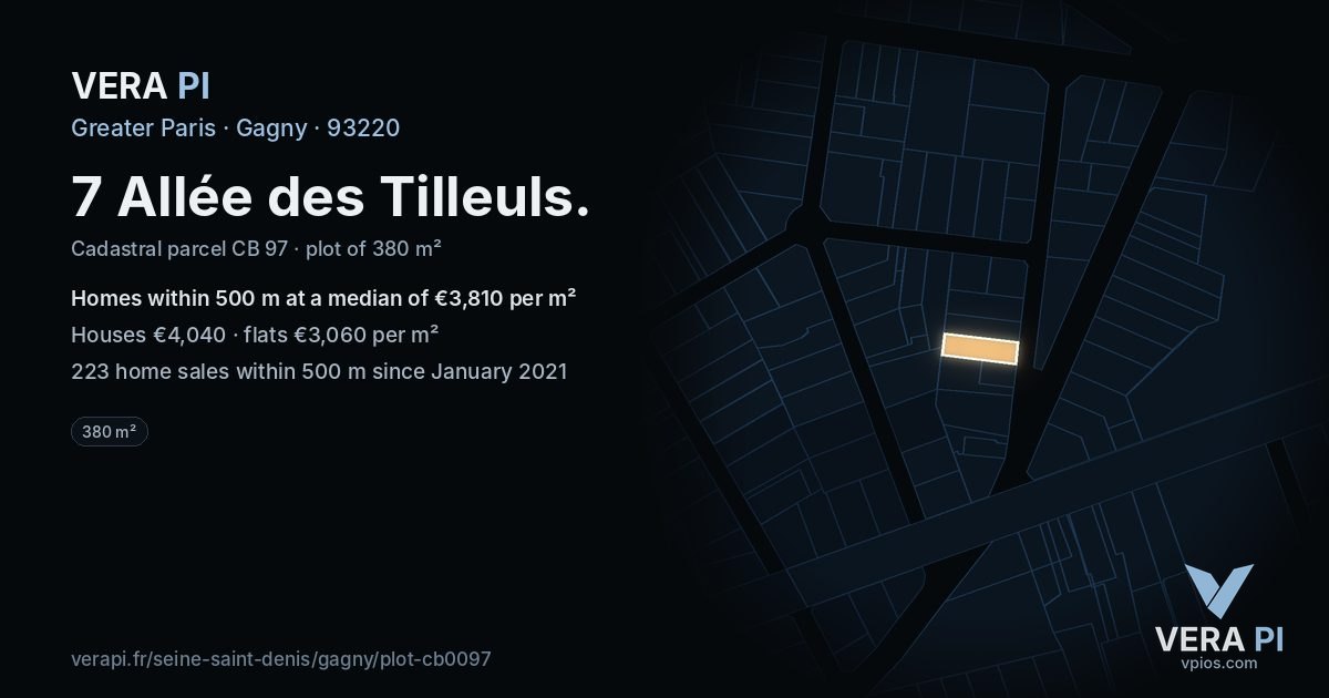 7 Allée des Tilleuls, Gagny at night – the plot lit, the parcels around coloured by the prices near them