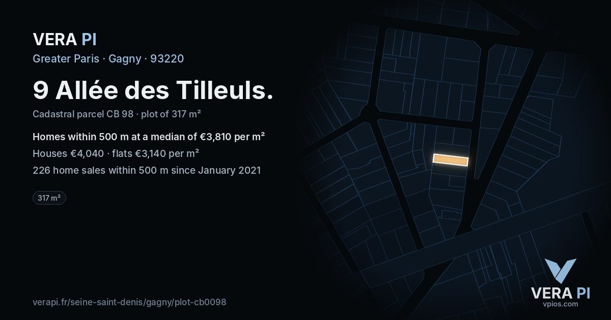 9 Allée des Tilleuls, Gagny at night – the plot lit, the parcels around coloured by the prices near them