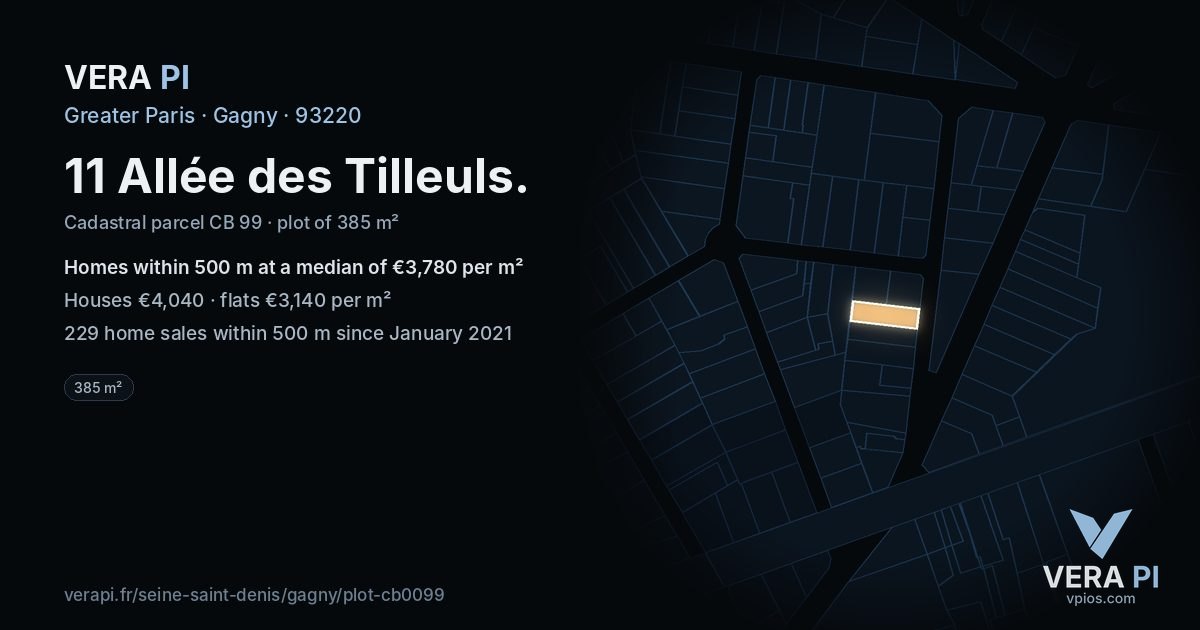 11 Allée des Tilleuls, Gagny at night – the plot lit, the parcels around coloured by the prices near them