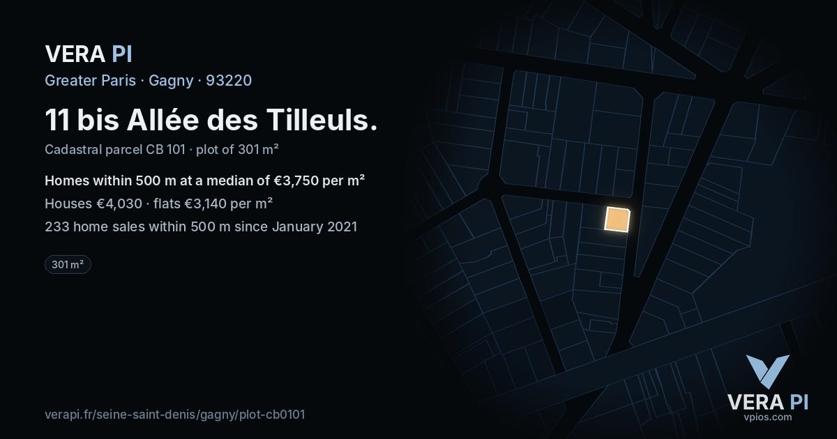 11 bis Allée des Tilleuls, Gagny at night – the plot lit, the parcels around coloured by the prices near them
