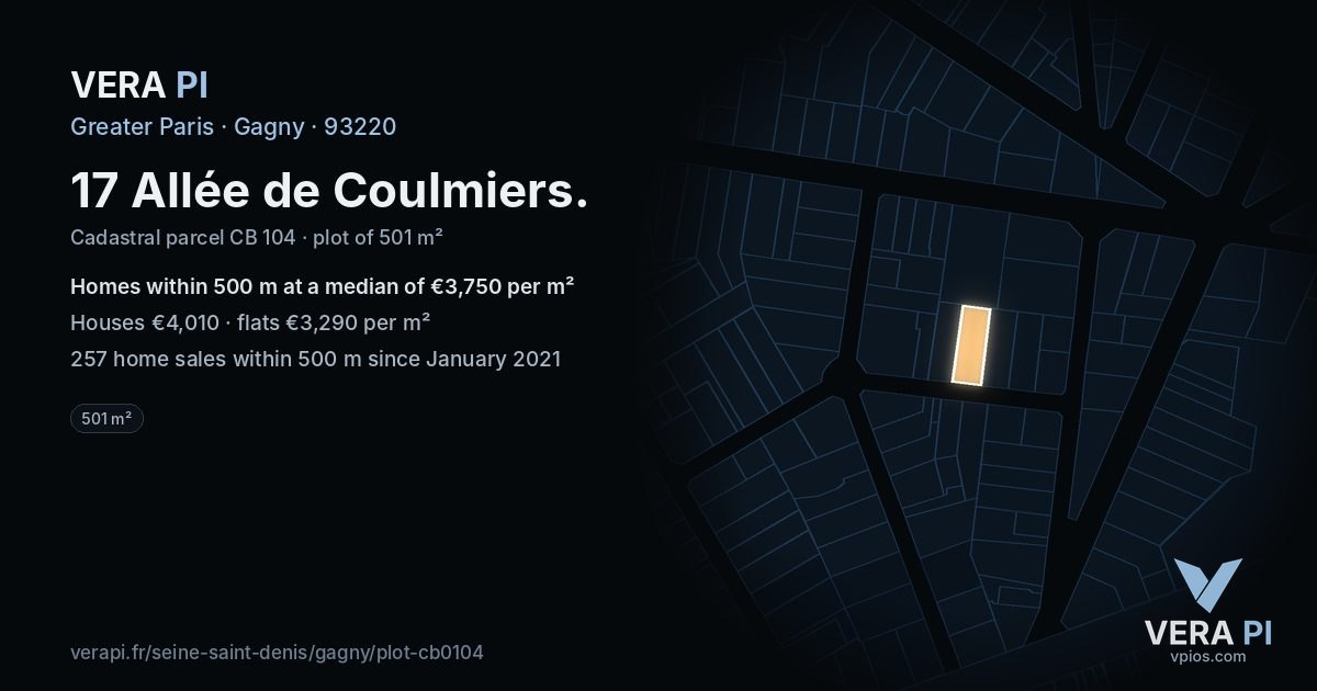 17 Allée de Coulmiers, Gagny at night – the plot lit, the parcels around coloured by the prices near them