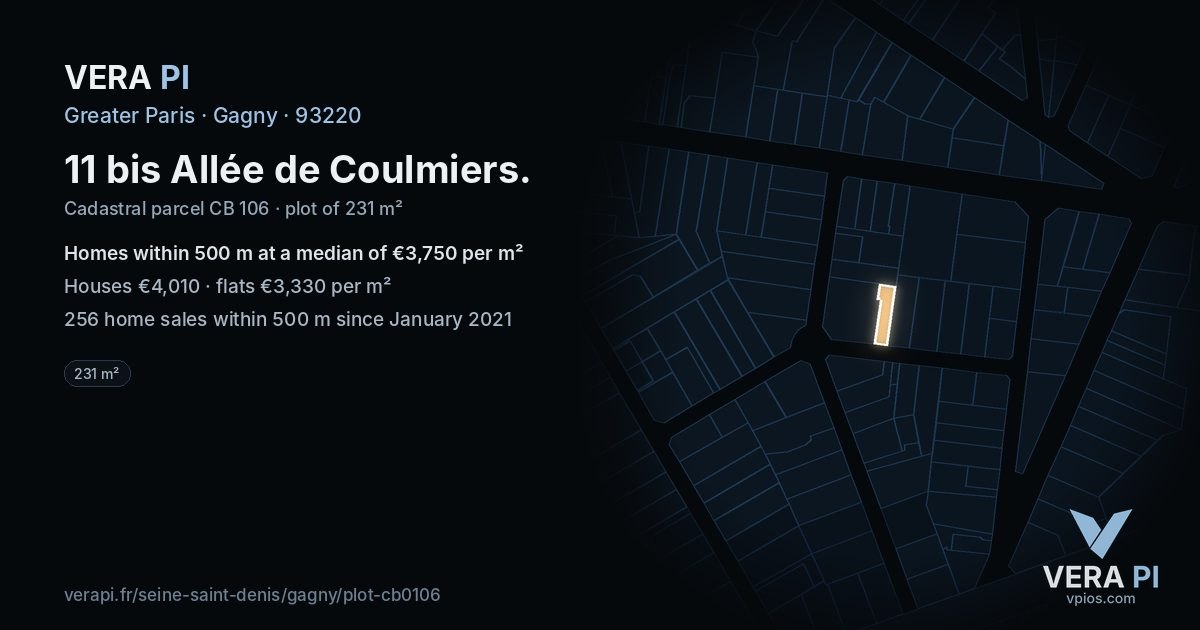 11 bis Allée de Coulmiers, Gagny at night – the plot lit, the parcels around coloured by the prices near them