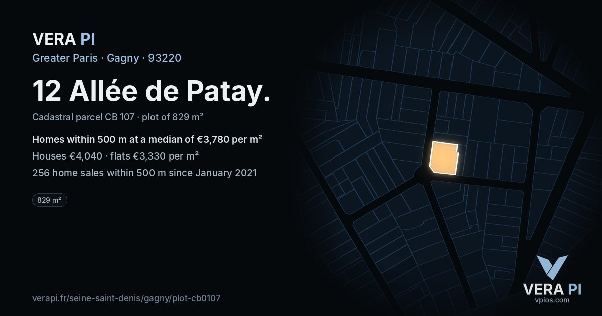 12 Allée de Patay, Gagny at night – the plot lit, the parcels around coloured by the prices near them