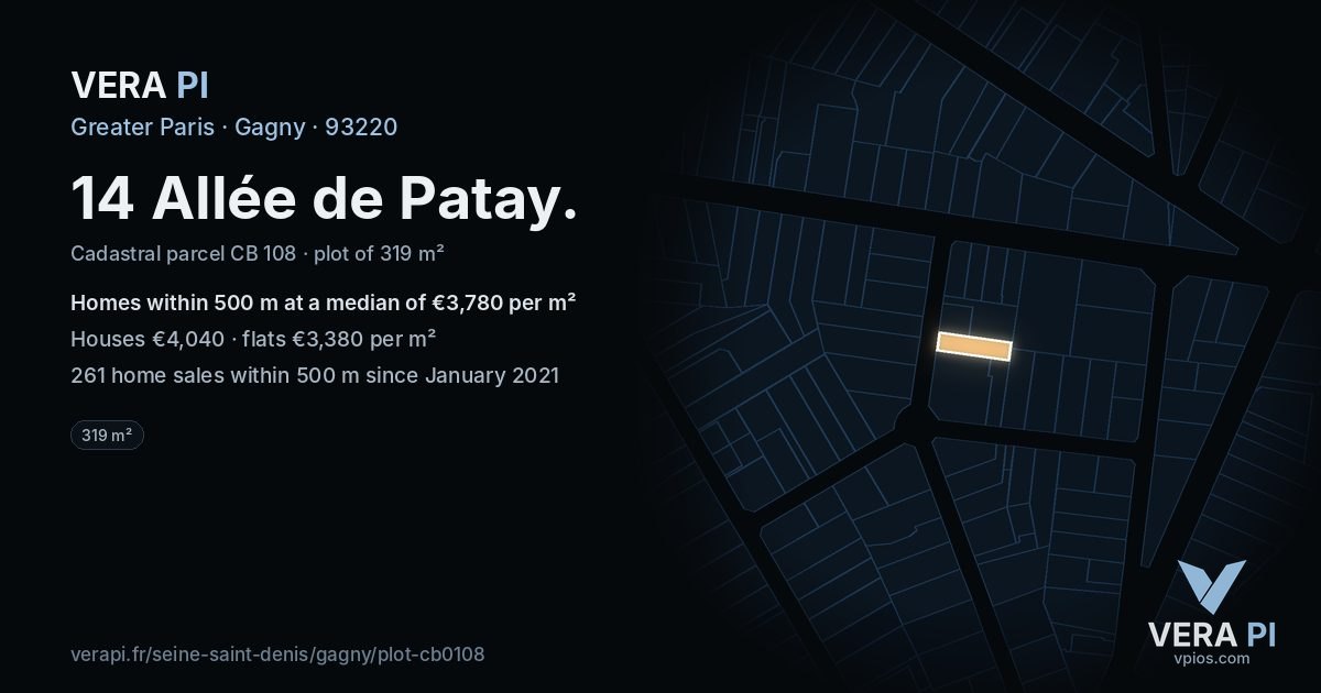 14 Allée de Patay, Gagny at night – the plot lit, the parcels around coloured by the prices near them