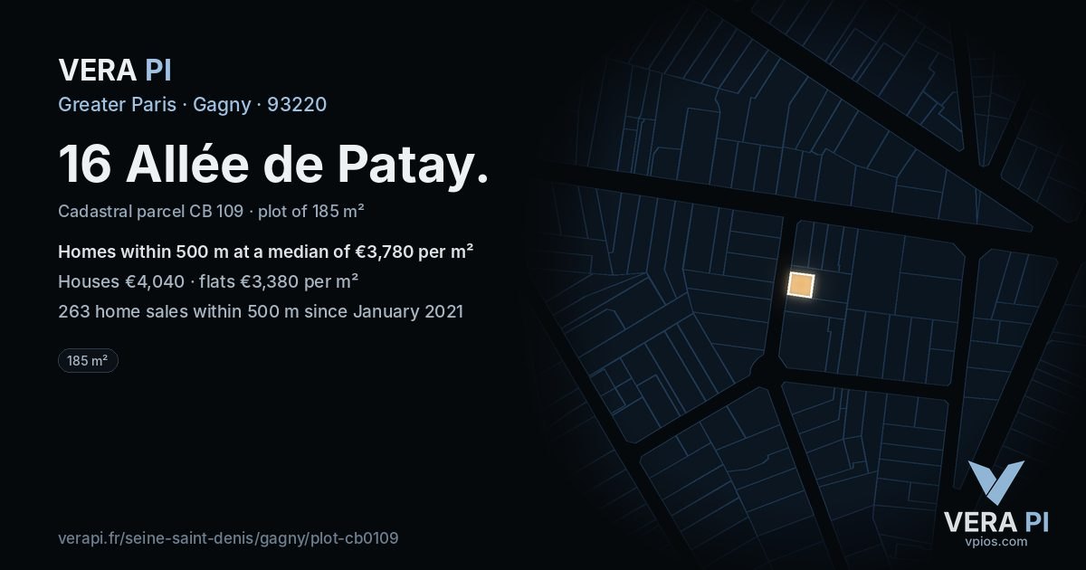 16 Allée de Patay, Gagny at night – the plot lit, the parcels around coloured by the prices near them