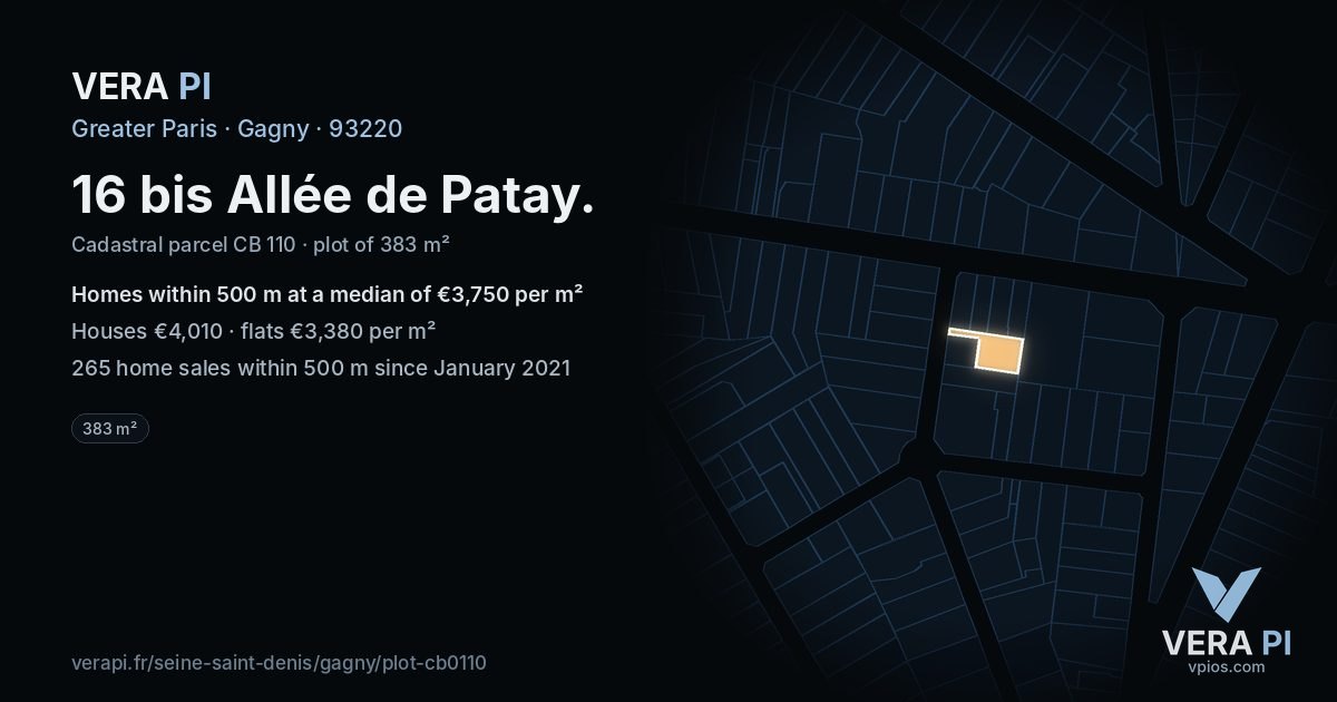 16 bis Allée de Patay, Gagny at night – the plot lit, the parcels around coloured by the prices near them