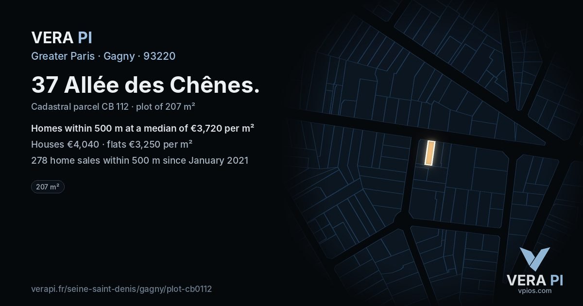 37 Allée des Chênes, Gagny at night – the plot lit, the parcels around coloured by the prices near them