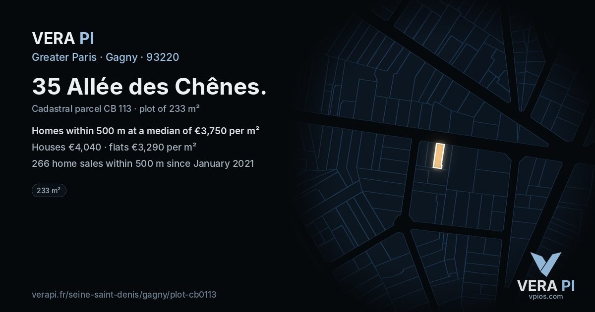 35 Allée des Chênes, Gagny at night – the plot lit, the parcels around coloured by the prices near them