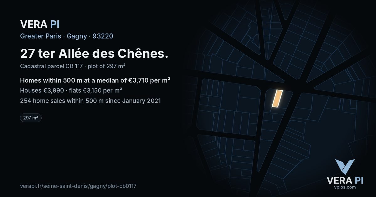 27 ter Allée des Chênes, Gagny at night – the plot lit, the parcels around coloured by the prices near them