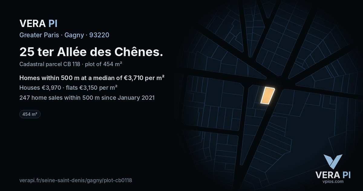 25 ter Allée des Chênes, Gagny at night – the plot lit, the parcels around coloured by the prices near them