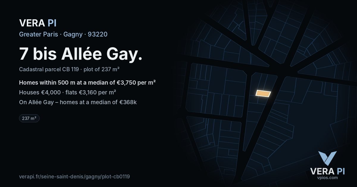 7 bis Allée Gay, Gagny at night – the plot lit, the parcels around coloured by the prices near them
