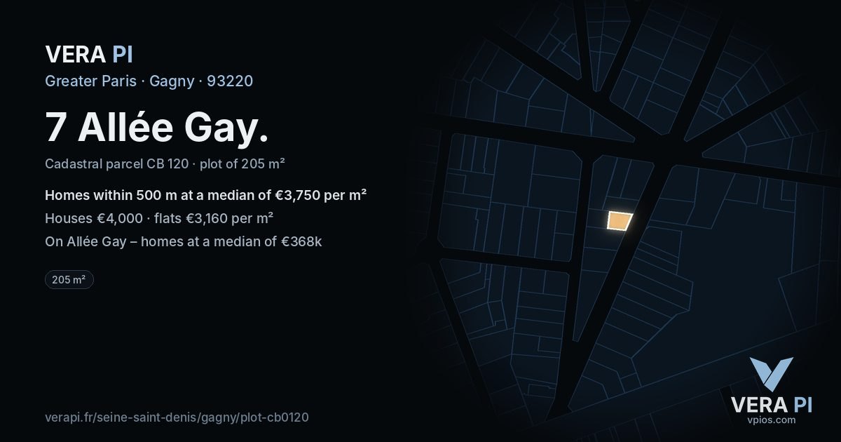 7 Allée Gay, Gagny at night – the plot lit, the parcels around coloured by the prices near them