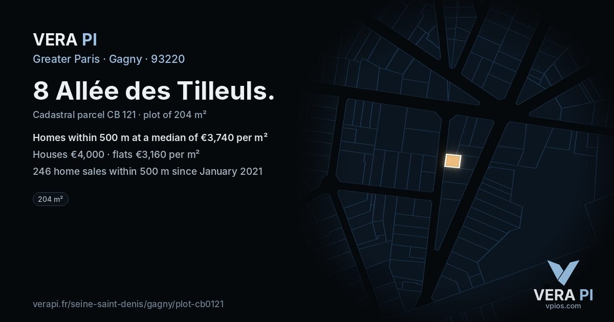 8 Allée des Tilleuls, Gagny at night – the plot lit, the parcels around coloured by the prices near them