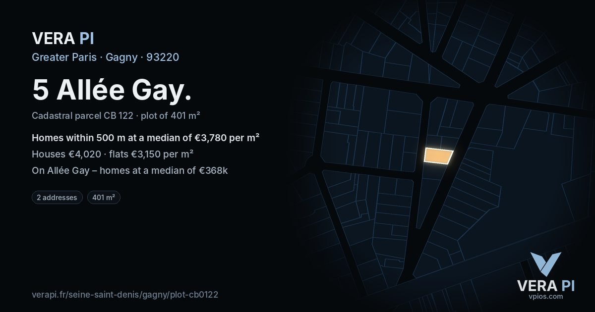 5 Allée Gay, Gagny at night – the plot lit, the parcels around coloured by the prices near them