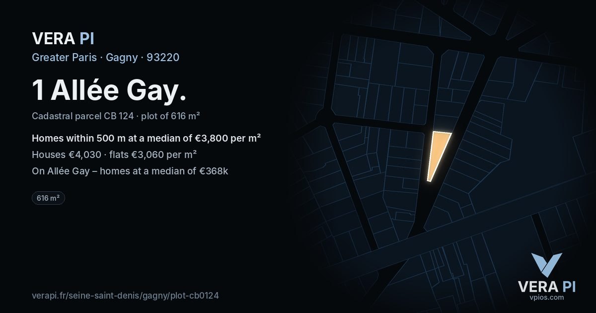 1 Allée Gay, Gagny at night – the plot lit, the parcels around coloured by the prices near them