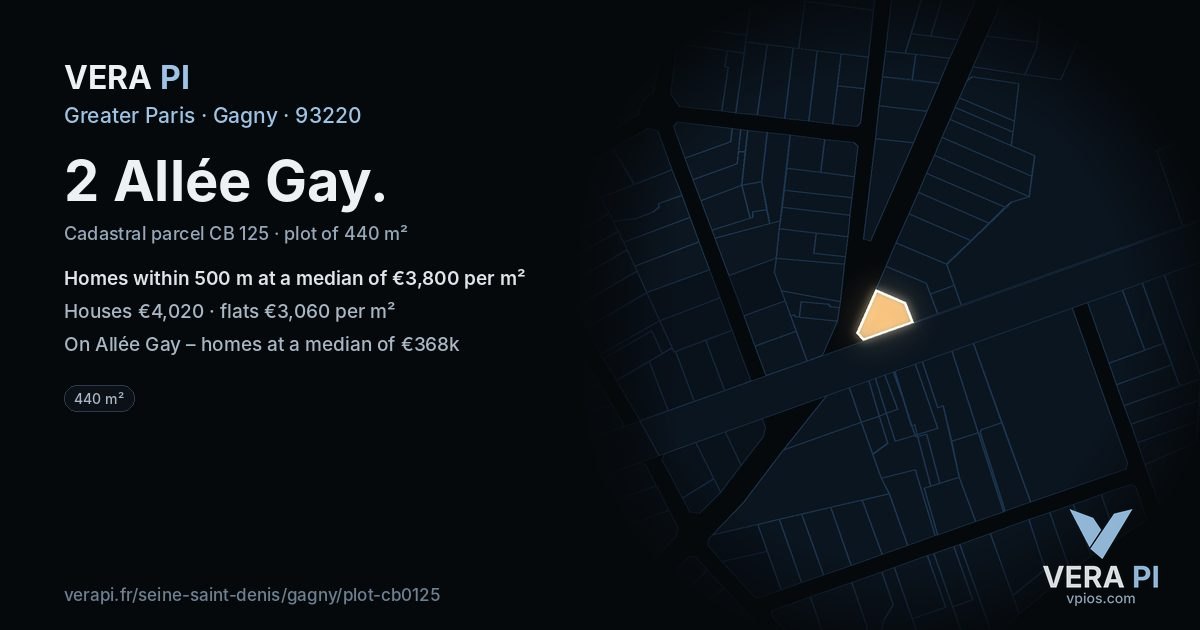 2 Allée Gay, Gagny at night – the plot lit, the parcels around coloured by the prices near them