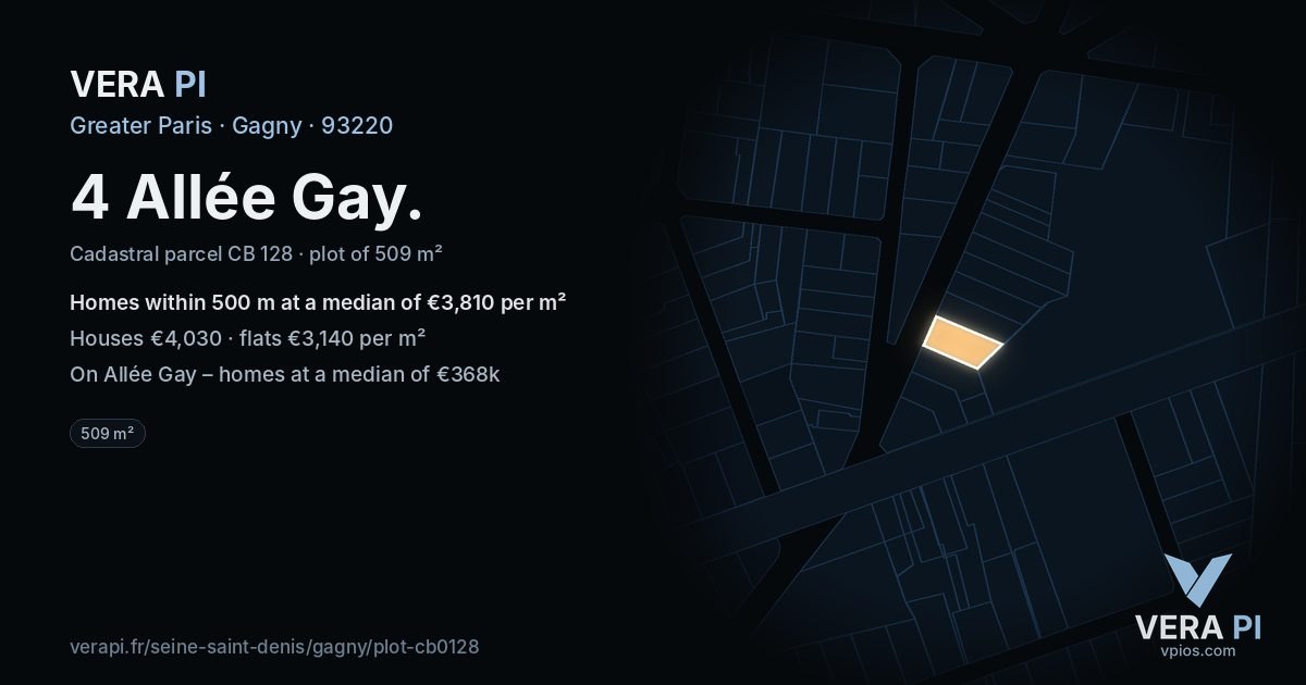4 Allée Gay, Gagny at night – the plot lit, the parcels around coloured by the prices near them